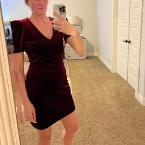 Maroon velvet puff sleeve mini dress